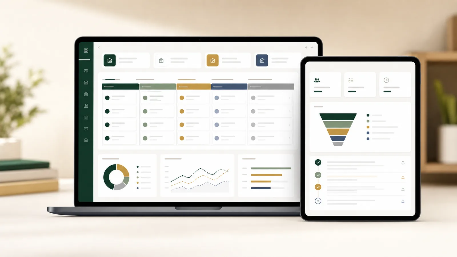 Mockup visual de un sistema de matrículas con tablero de admisiones